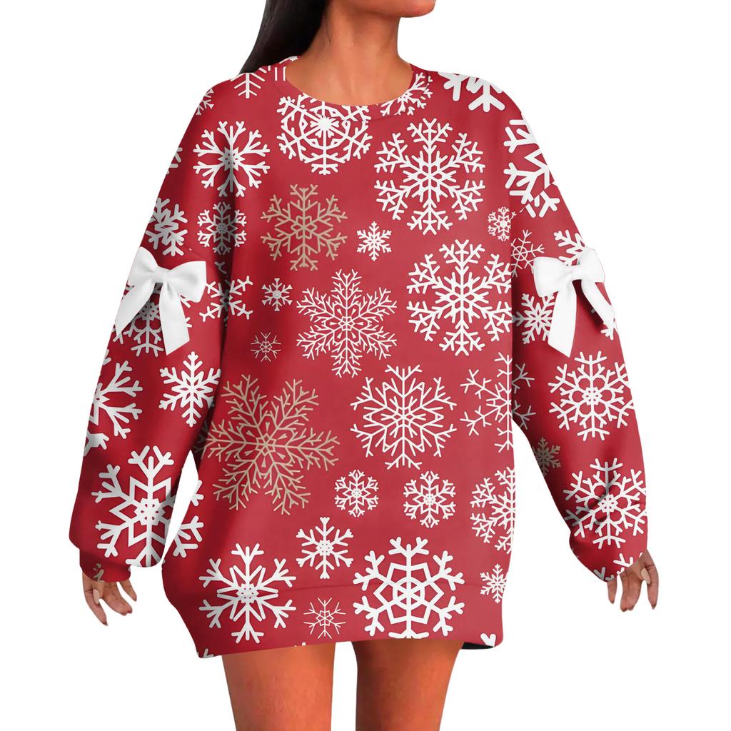 Женский рождественский пуловер с принтом и бантом, с круглым вырезом, длинными рукавами, свободного кроя