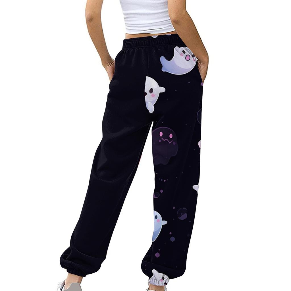 Женские повседневные брюки с принтом на Хэллоуин, эластичные брюки с завязками на талии