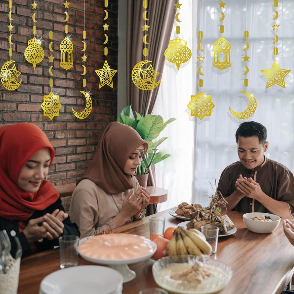 AhfuLife Ramadan Mubarak Eid Decorations for Home, 6 PCS Pre-Tied Golden Islamic Star Moon Lantern - Reble Eid Garland Streamer Eid Mubarak
