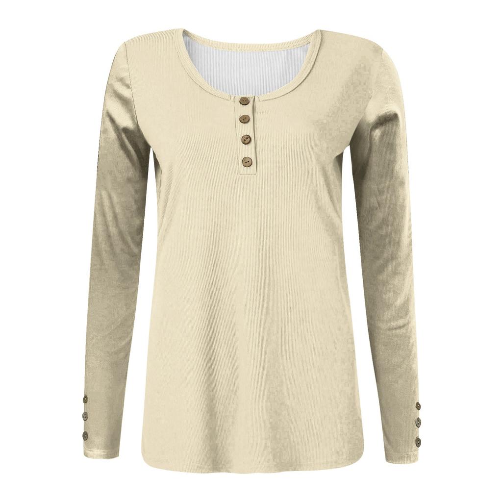 Женская футболка, модный повседневный однотонный топ на пуговицах с длинным рукавом