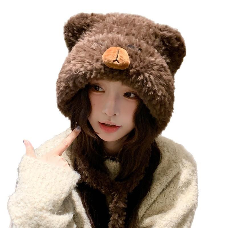 Capybara plush hat for women, autumn and winter, Japanese style, large head circumference, ear protection, knitted Lei Feng hat, cycling cold-proof