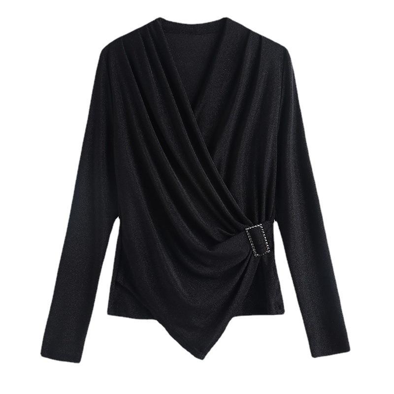 Women's Autumn Temperament Square Dancewear Tops Long-sleeved Cross V-neck Inner Blouse