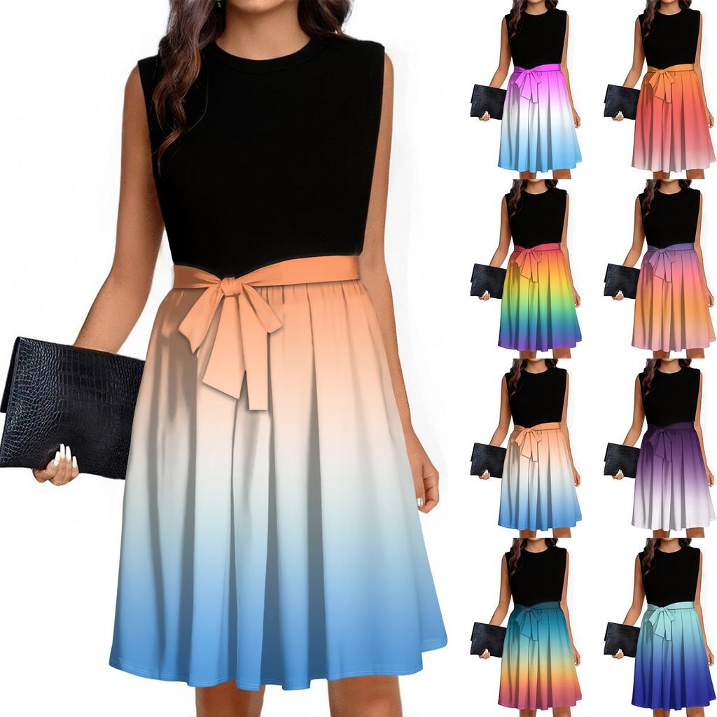 Women's Fashion Casual Lace-up Sleeveless Round Neck Splicing Short Dress