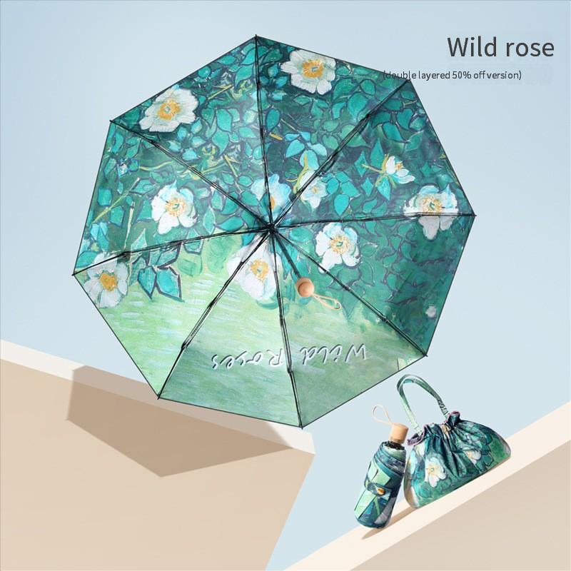 50% Fold 8-bone Double-layer Vinyl Double-flower Sun Umbrella Female Illustration Hand-painted Style Small and Convenient Sun Pr