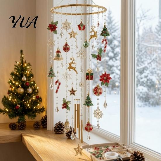 Metal Wind Chime with Display Stand DIY Christmas Kit, Faux Crystal Bead Hanging Ornament Craft Set Supplies for Family Stand, Holiday Tabletop Decor,
