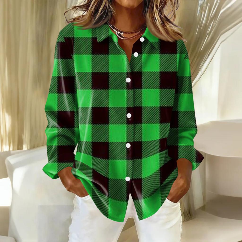 Женская рубашка-блузка с рождественским принтом и пуговицами, длинный рукав, повседневный базовый рубашечный воротник, обычный топ