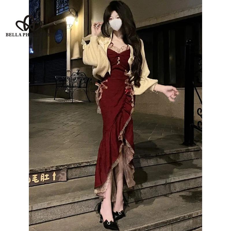 Vintage Stitching Red Lace Lace-up Slim-fit Sling Dress Irregular Ruffled Split Sexy Hip Fishtail Dress