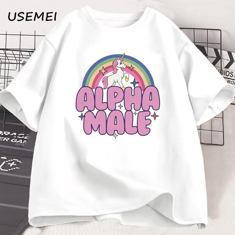 Alpha Male Unicorn Rainbow T Shirts Oversize Men Casual Fashaion Graphic Tees Unisex Round Neck