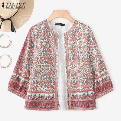 Женская повседневная блузка-кардиган с круглым вырезом, свободного кроя, с рукавами до локтя и принтом