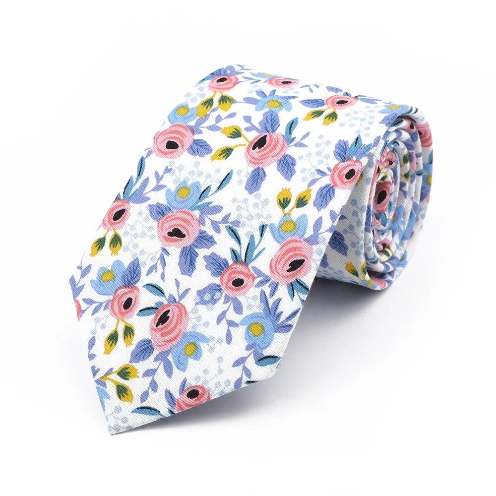 Floral Tie, For Men Women, 100% Cotton, Elegant Flower Necktie, White, Blue, Narrow Skinny, Wedding, Party