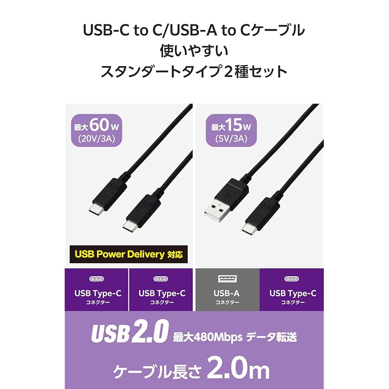 ELECOM [Комплект из 2 шт.] Кабель USB Type C USB-C на USB-A/USB-C 2 м 60 Вт PD совместимый [MacBook/iPad/Galaxy/Android смартфон планшет и т. д.. переписка]