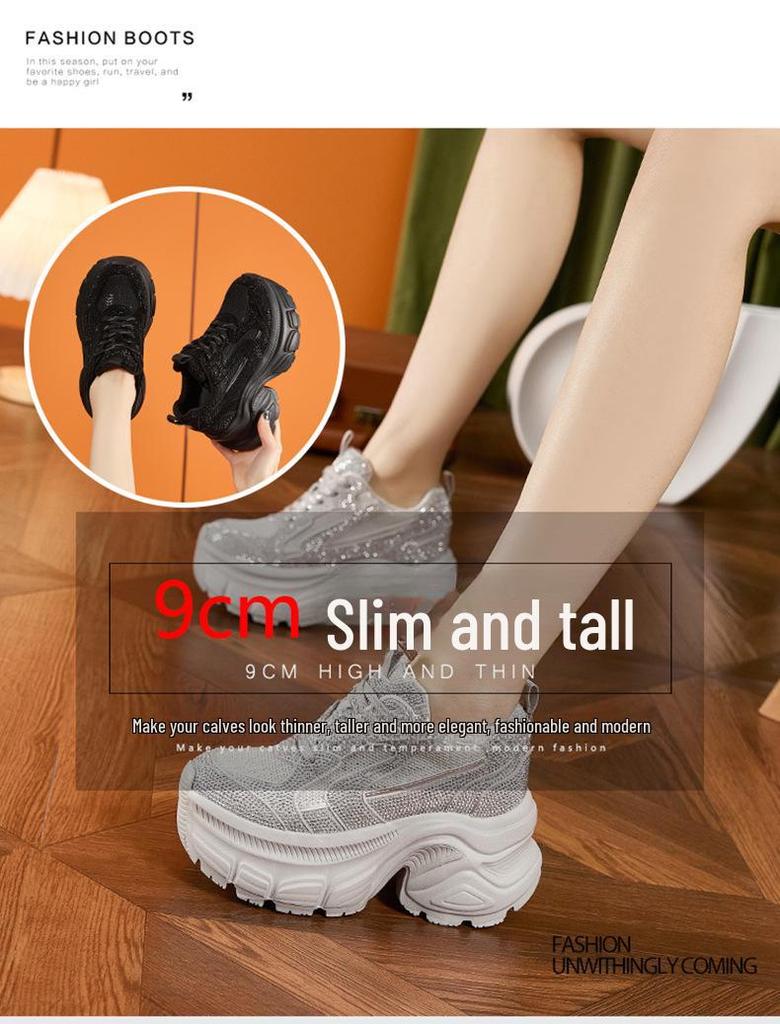 Женские легкие модные кроссовки на платформе со стразами и сеткой 2025 года — универсальный дизайн с толстой подошвой, визуально увеличивающий рост