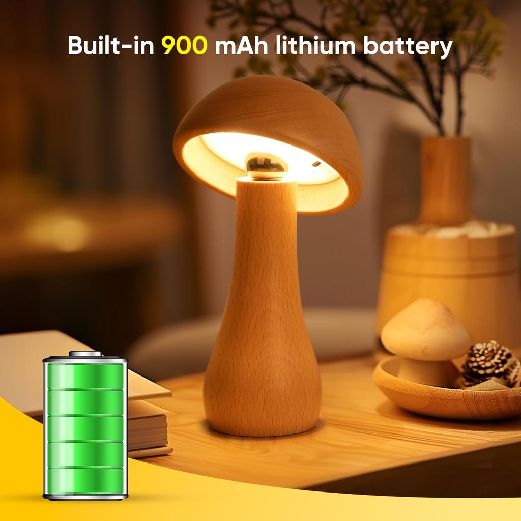 Portable Cordless Wooden Mushroom Lamp with Touch Switch, Small Size, Rechargeable, Stepless Dimming, 360-Degree Rotation, Perfect As a Birthday Gift