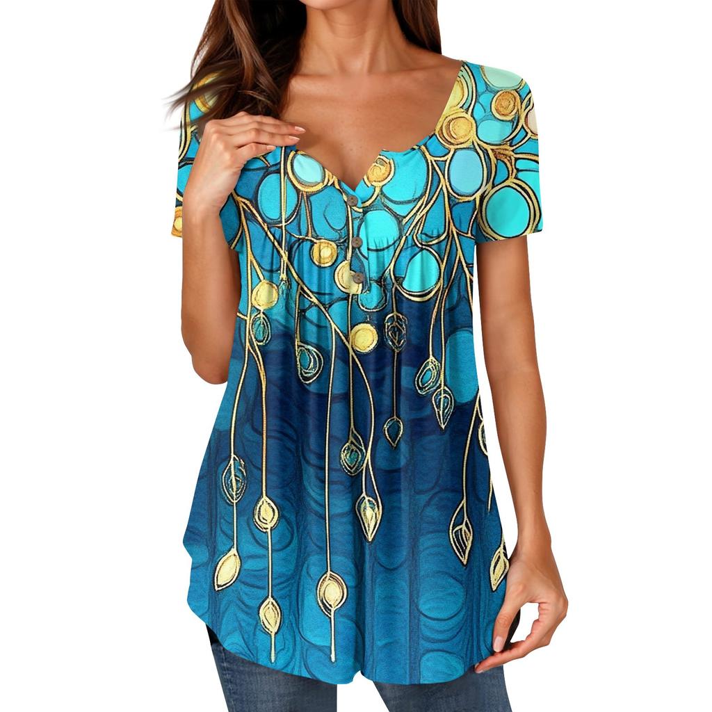Women Tunic Tops Dressy Casual Summer Short Sleeve Shirts Loose Fit Pleated Boho Top