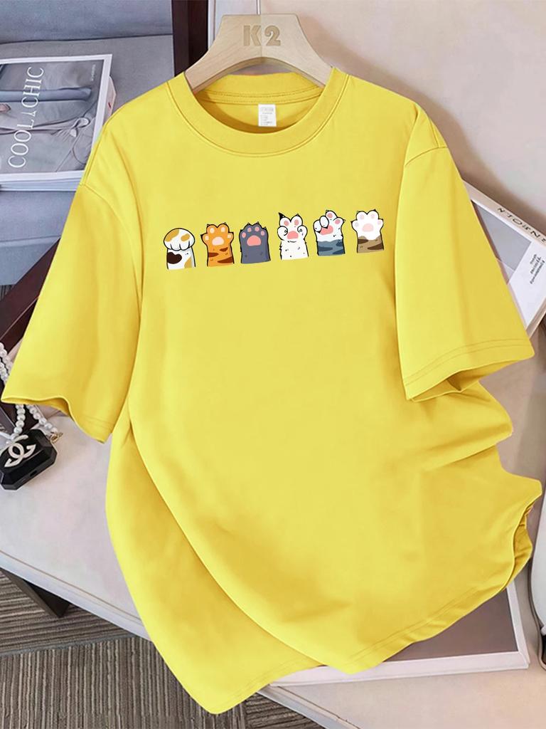 Принты с комбинациями кошачьих лап разных цветов Летние футболки Женские футболки с коротким рукавом Мягкие топы с круглым вырезом Базовая одежда