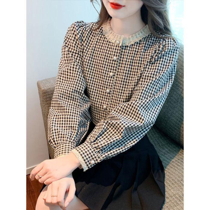 French Retro Plaid Long Sleeve Shirt - Women's Stylish Round Neck Button-Up