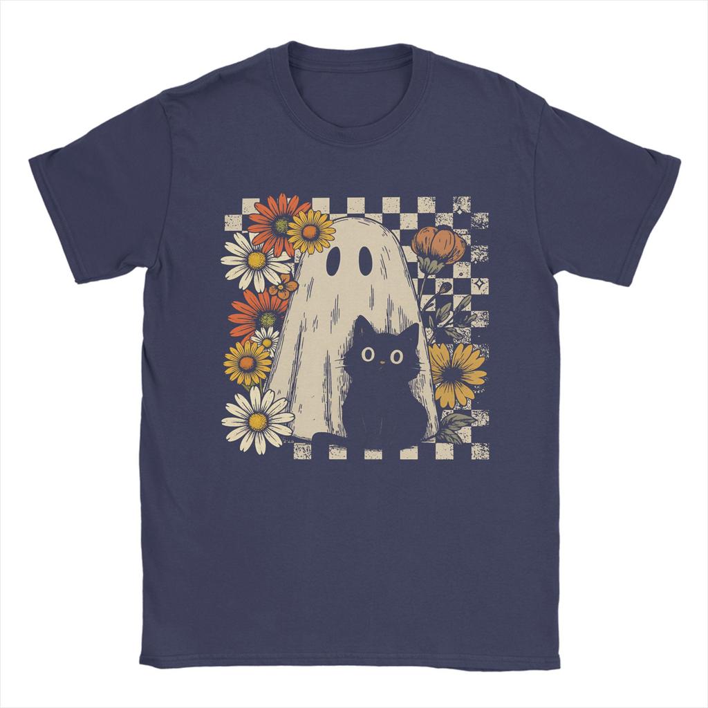 Boho Floral Fall Ghost Cat Halloween T Shirt Summer Hippie T-Shirts Mens Cotton O Neck Oversize Tees Short Sleeves Tshirt