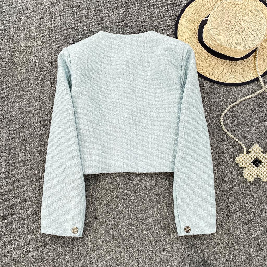 Осень Зима Женский Элегантный Маленький Ароматный Ветер Полный Рукав Однобортный Твидовый Короткий Пиджак Пальто с Карманом