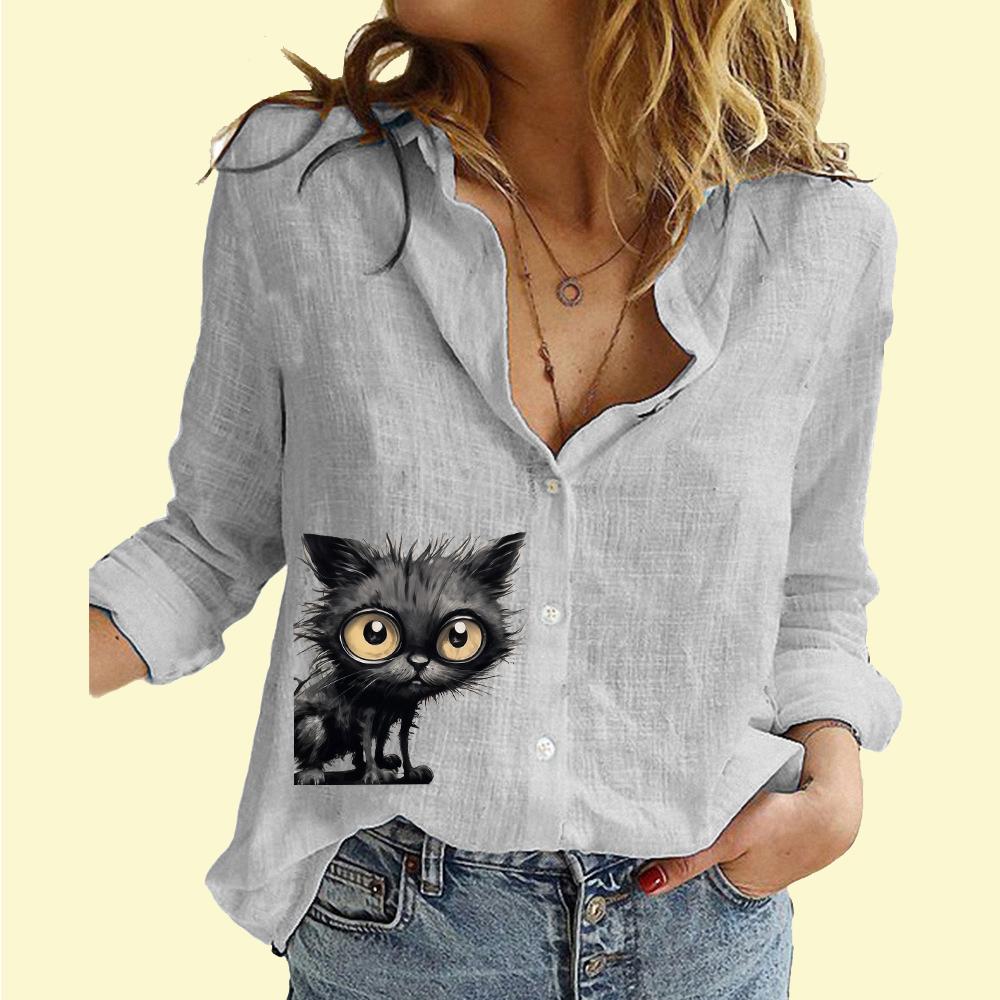 Женская модная рубашка на пуговицах, повседневная, тонкая, с длинным рукавом, женская хлопковая льняная блузка с принтом кота