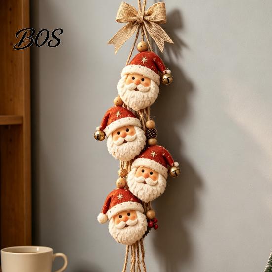 Christmas Decorations for Home Shop Wooden Santa Claus Hanging Ornament, 2D Flat Pattern Sign with Jute Xmas Tree Pendant Rope And Bell, Vintage Door