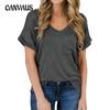 Женская футболка, летняя однотонная свободная повседневная футболка с v-образным вырезом и карманами, короткий рукав
