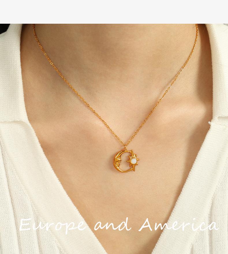 Hollow Star & Moon Opal Pendant Necklace - Luxury Clavicle Chain Jewelry