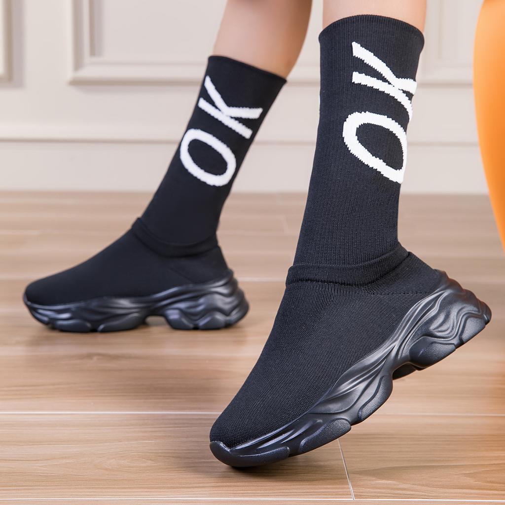 TUINANLE Thick Sole Long Boots for Women Elastic Socks Shoes Boots Mid-calf Round Toe Low Heels