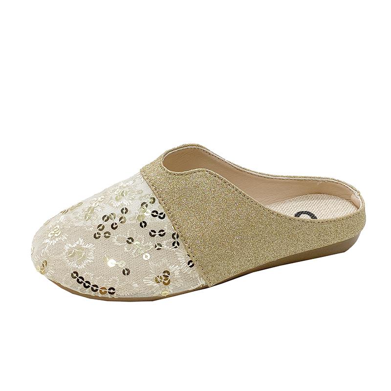 Модные весенние новые шлепанцы-баотоу, женские модные туфли на плоской подошве с круглым носком, глубоким вырезом, вставками из ткани с пайетками и мягкой нескользящей подошвой