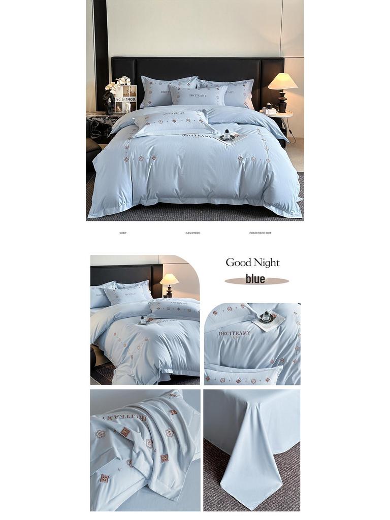 Elegant All-Cotton Flannel 4-Piece Bedding Set with Embroidered Duvet Cover and Skin-Friendly Bed Sheet