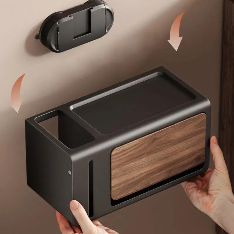 Non perforated walnut wood texture toilet tissue box storage rack, waterproof toilet wall mounted with lid tissue box bathroom