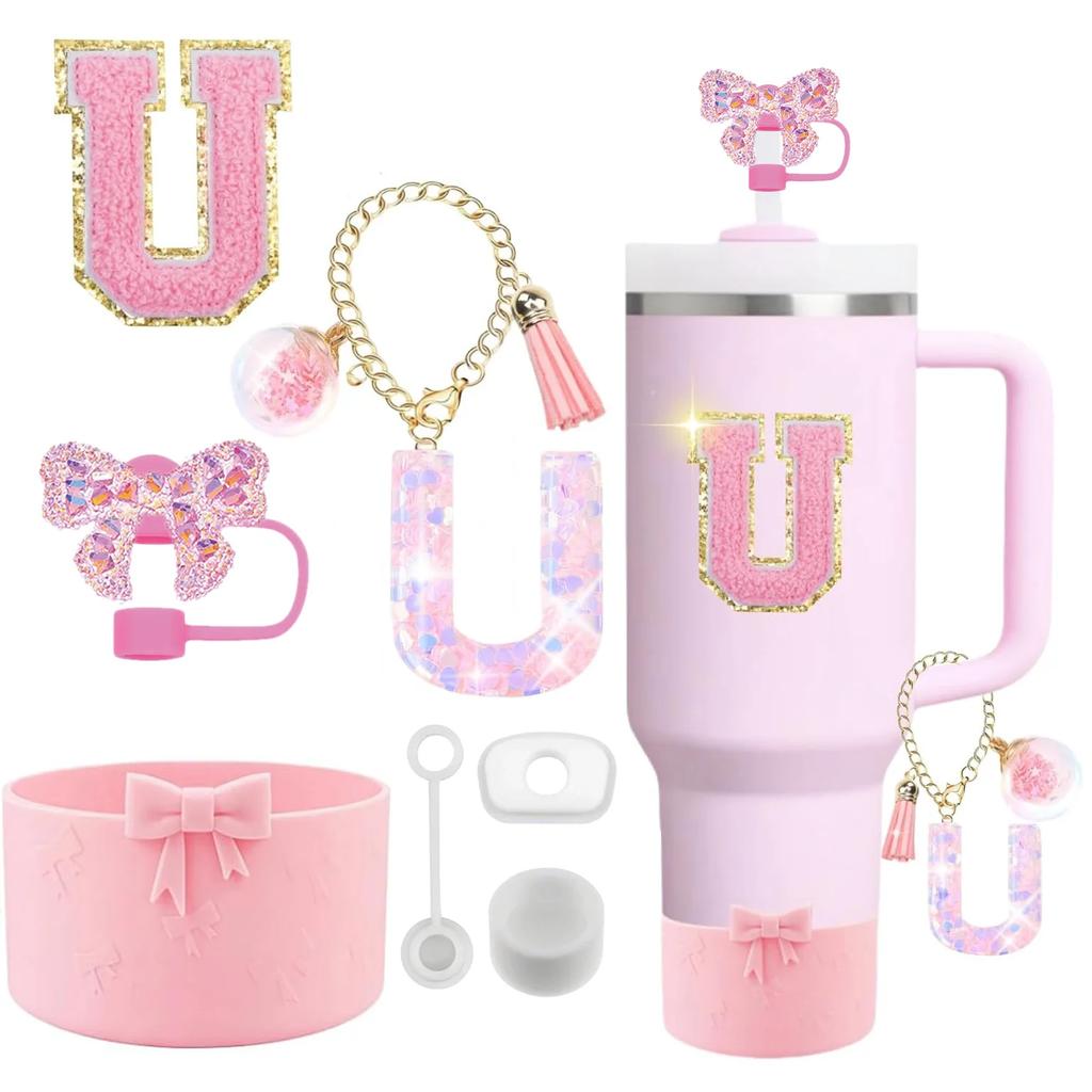 7PCS Pink Accessories for Stanley Cup 30/40 Oz Tumbler with Handle Bow Straw Topper Cover Cap Boot Initials Charm Letter Sticker