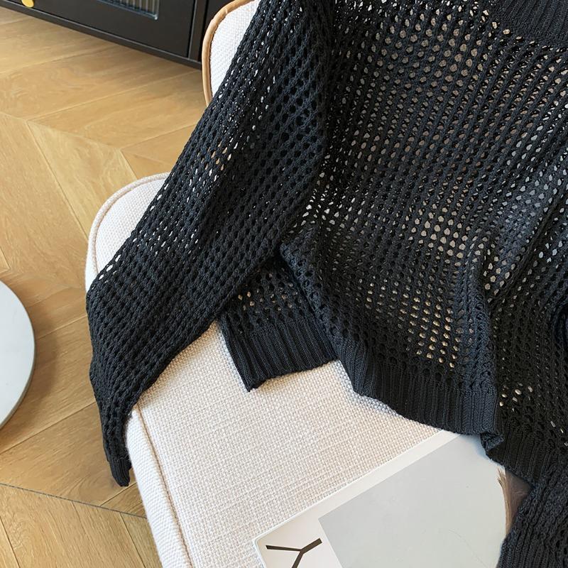 Модный свободный ажурный солнцезащитный вязаный свитер для женщин, осенний тонкий длинный рукав, круглый вырез, трикотаж, женские элегантные повседневные свитера 24799
