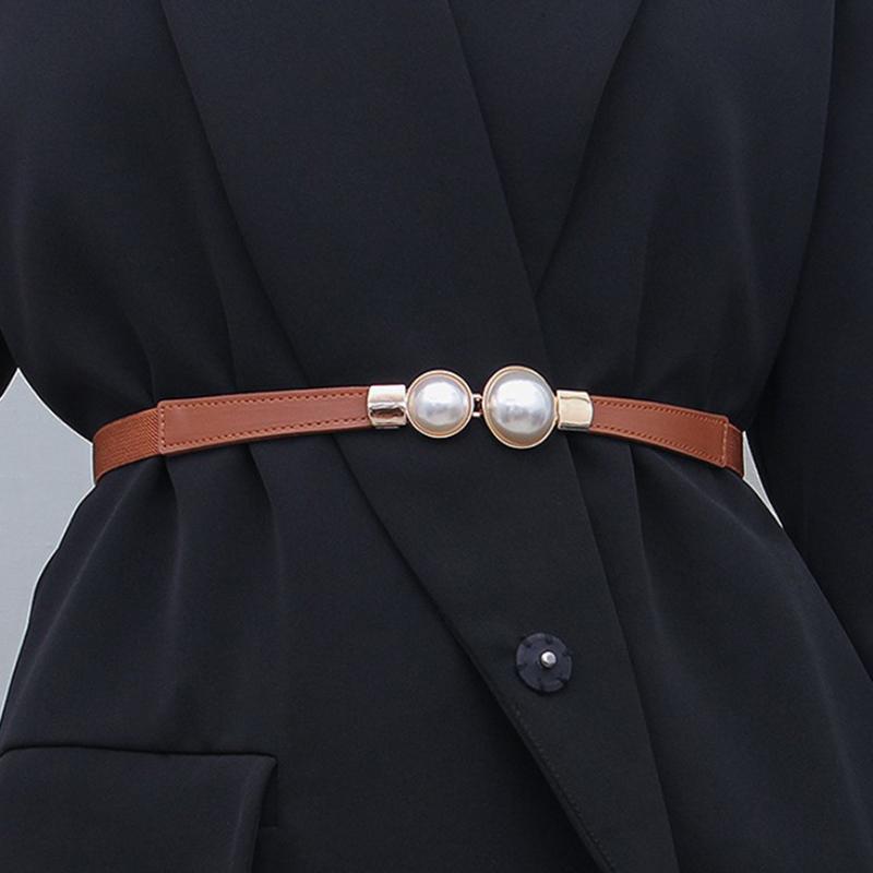 Creative Pearl Buckle Belt Pu Leather Dress Skirt Waist Elastic Thin Women Belts
