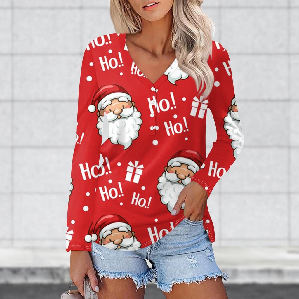 Women's Casual Fashion Sexy Comfort Christmas Prints V-Neck Button Long Sleeve T-Shirt Top