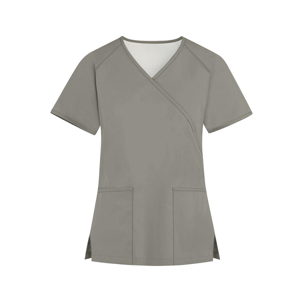 Женская мода однотонная рабочая одежда с v-образным вырезом и короткими рукавами с карманами, топы