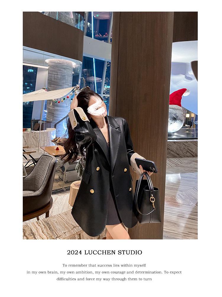 2024 Высококачественный женский пиджак большого размера из искусственной кожи с металлическими пуговицами