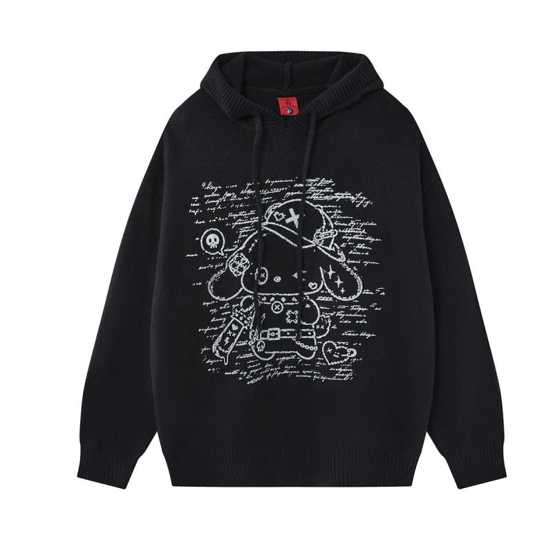 Unisex Retro Lazy Style Knit Hoodie With Cat Print - Soft Acrylic Oversized Sweater Winter Casual Wear