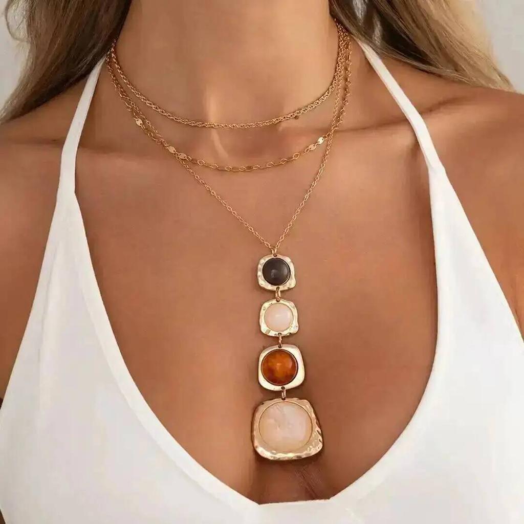 SHIXIN Набор из 3 шт. Бежевый квадратный кулон из смолы Металлическое ожерелье Женский тренд Бохо Неправильный геометрический чокер Летние украшения для пляжной вечеринки