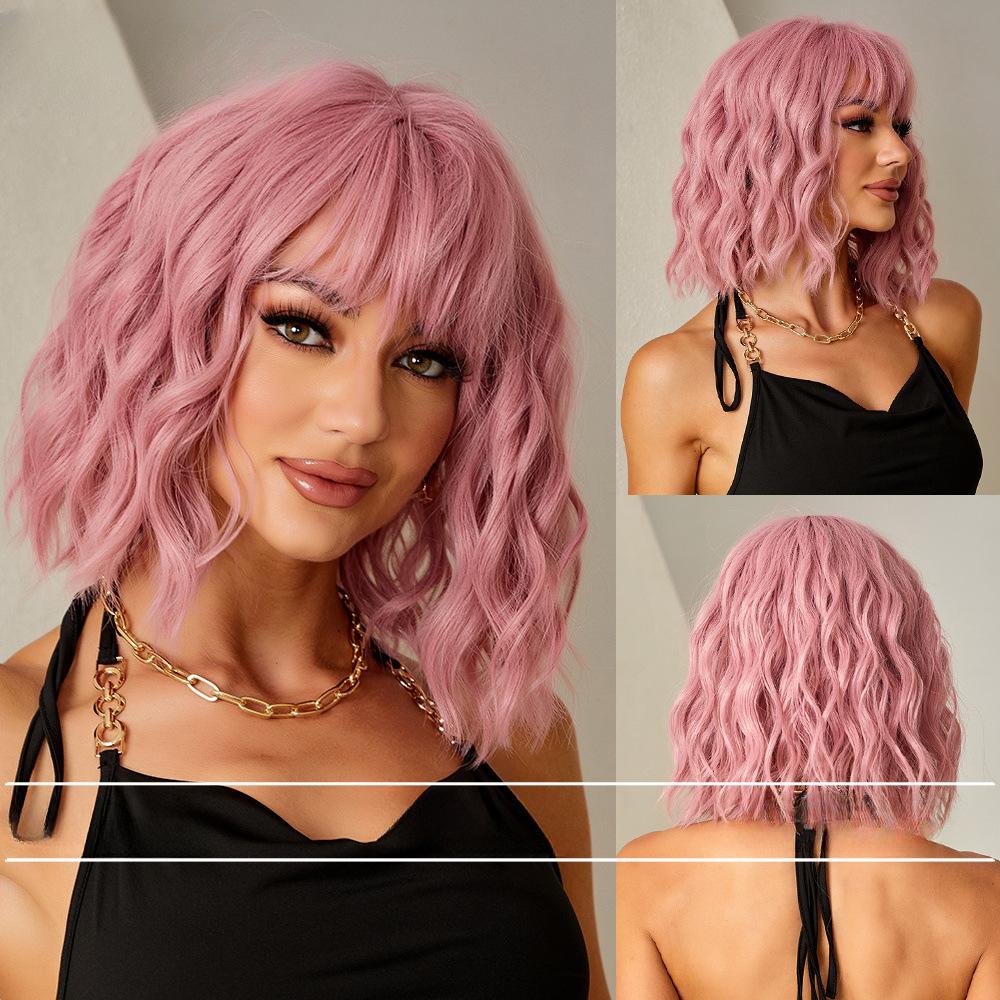 European and American Style Women's Short Curly Bobo Wig with Blunt Bangs Lades Summer Fashion Front Lace Heat Resistant Synthetic Fiber Wigs