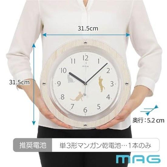 MAG Wall Clock Analog Silent Continuous Second Hand Cat Animal Pet Cute Stylish Childrens Room Living 31.5cm x Natural W827ANZ Noah Seimitsu