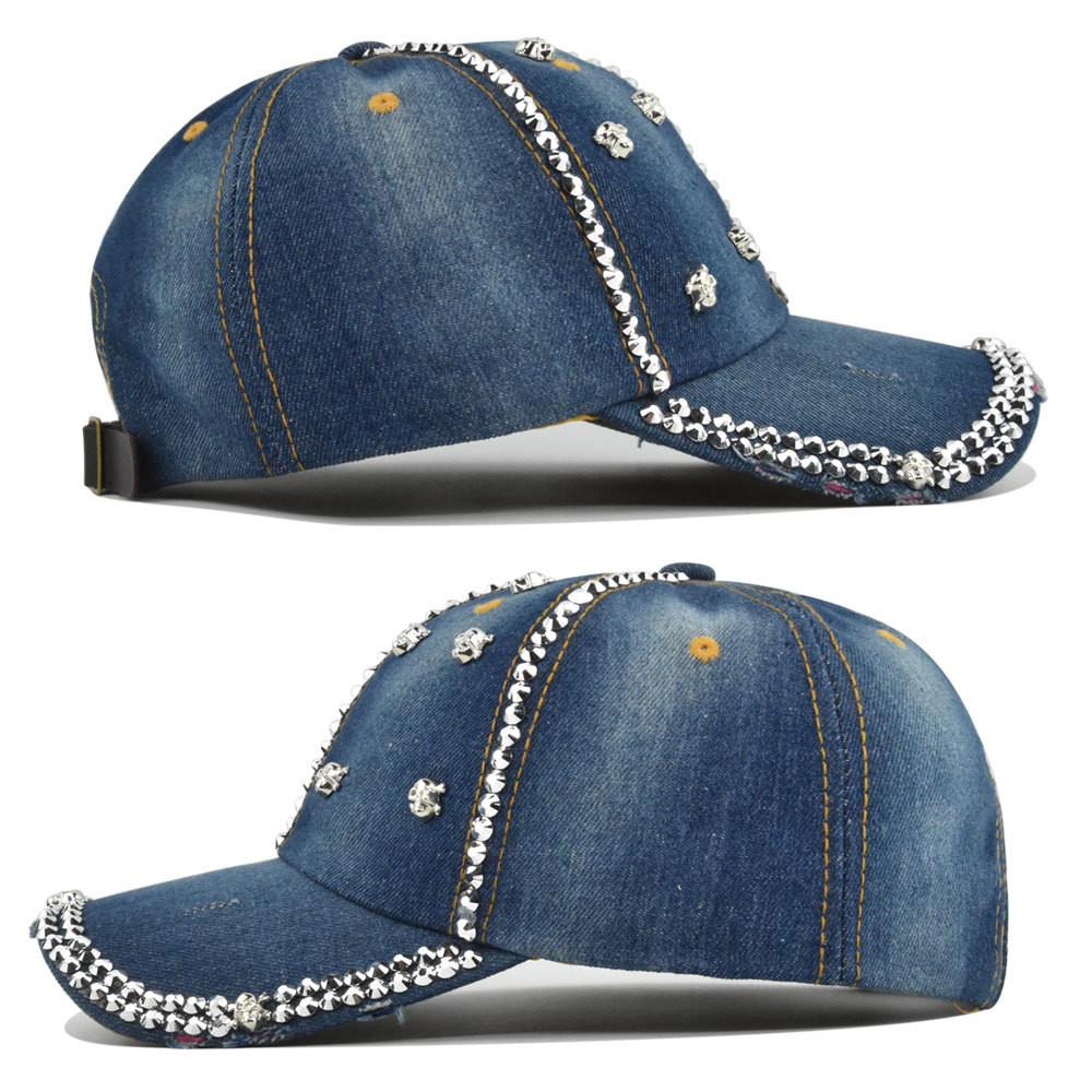 Skull Head Rhinestone Denim Baseball Cap With Hole Diamond Cowboy Duck Tongue Couple Sun Hat Co931-1 Navy Blue