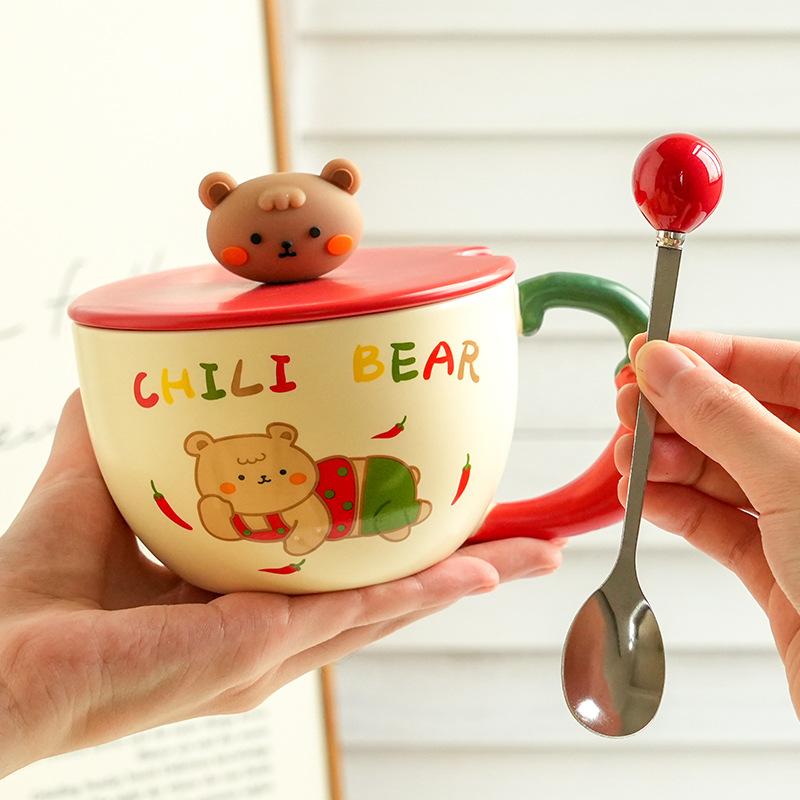 Милая и дорогая керамическая чашка с медведем, крышкой и ложкой, домашний офис, пара, чашка для воды, подарок девушке