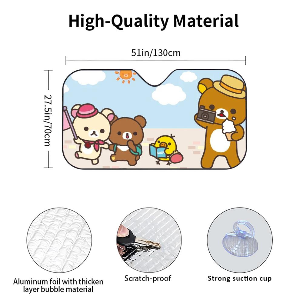 r-Rilakkuma Bear Car Sunshade Curtains Heat-insulating Aluminum FilmReusable Suction Cup Blocks UV Rays Car Sun Visor Protector