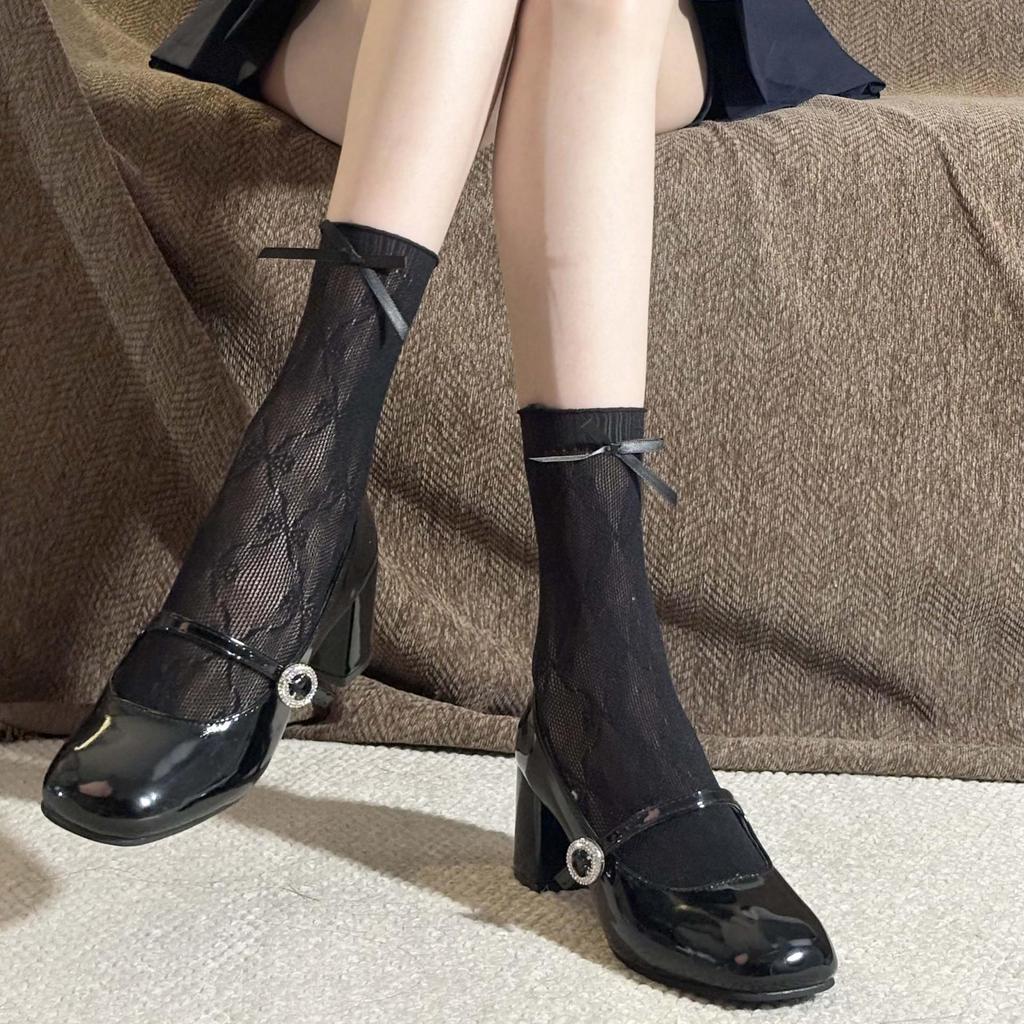 Lolita Lace Frill Mid-Calf Socks with Bow Ribbon - White Ballet Style JK Knee-Highs for Spring & Autumn