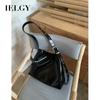 IELGY Korean Version of Soft Leather Commuter Shoulder Bag, Black Fashion Versatile Large-capacity Tote Bag, Messenger Bucket Bag