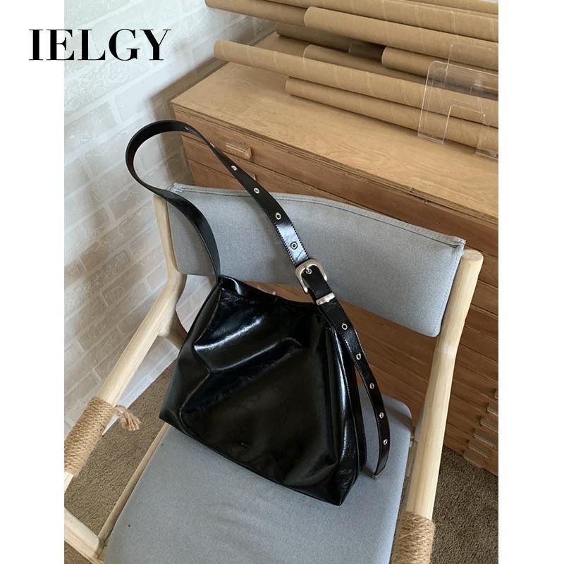 IELGY Korean Version of Soft Leather Commuter Shoulder Bag, Black Fashion Versatile Large-capacity Tote Bag, Messenger Bucket Bag
