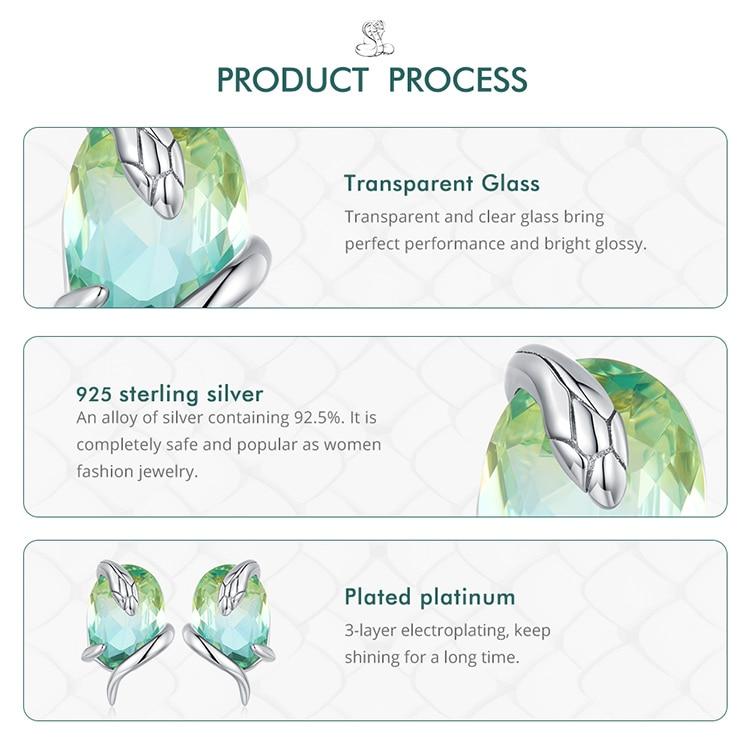 BAMOER оригинальный дизайн, серьги-гвоздики из стерлингового серебра 925 пробы со змеей, градиентные зеленые прозрачные стеклянные серьги для женщин