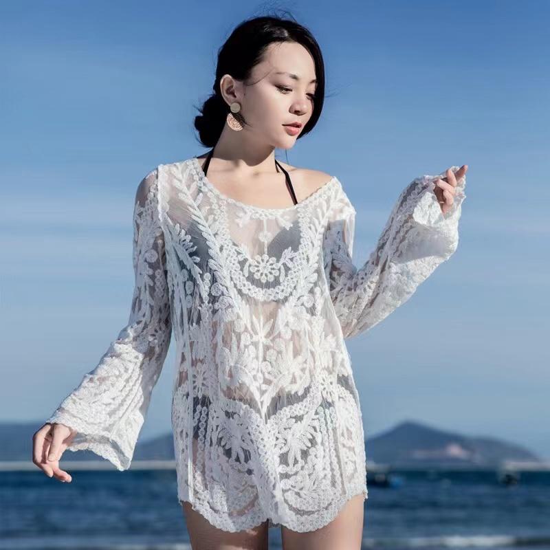 Ethnic Lace Basic Shirt Female Long-sleeve Slim Top Women Retro Slim Summer Shirt Pullover Hollow Out Black Lace Blouse
