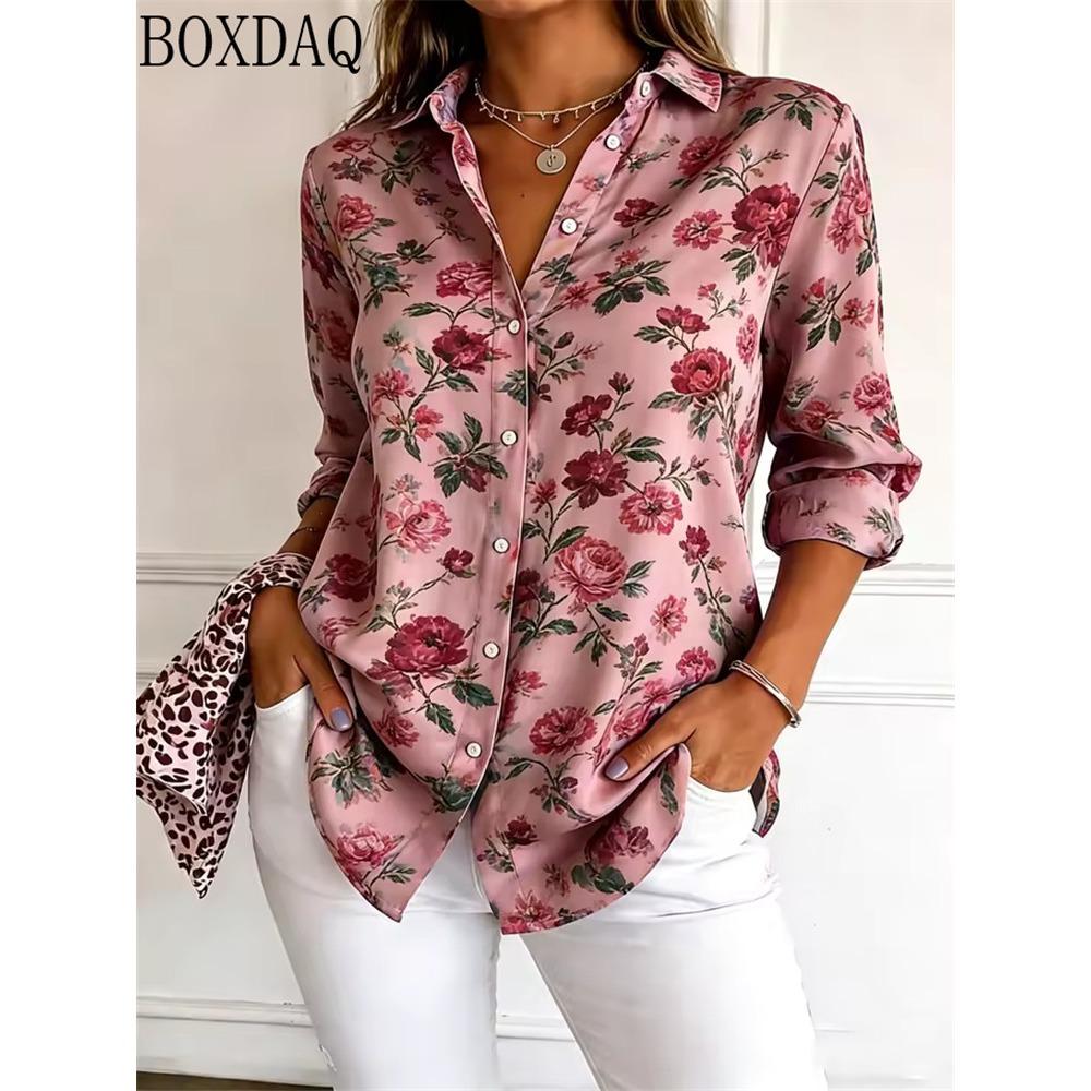 Women Satin Floral Blouse Long Sleeve Button Down Shirt Turn Down Collar Silky Loose Fit Elegant