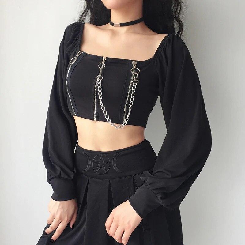 Women Y2k Chains Dark Black Gothic Zipped Tops Women Sexy Off Shoulder T-shirts Clubwear Long Sleeve Crop Tops Knit